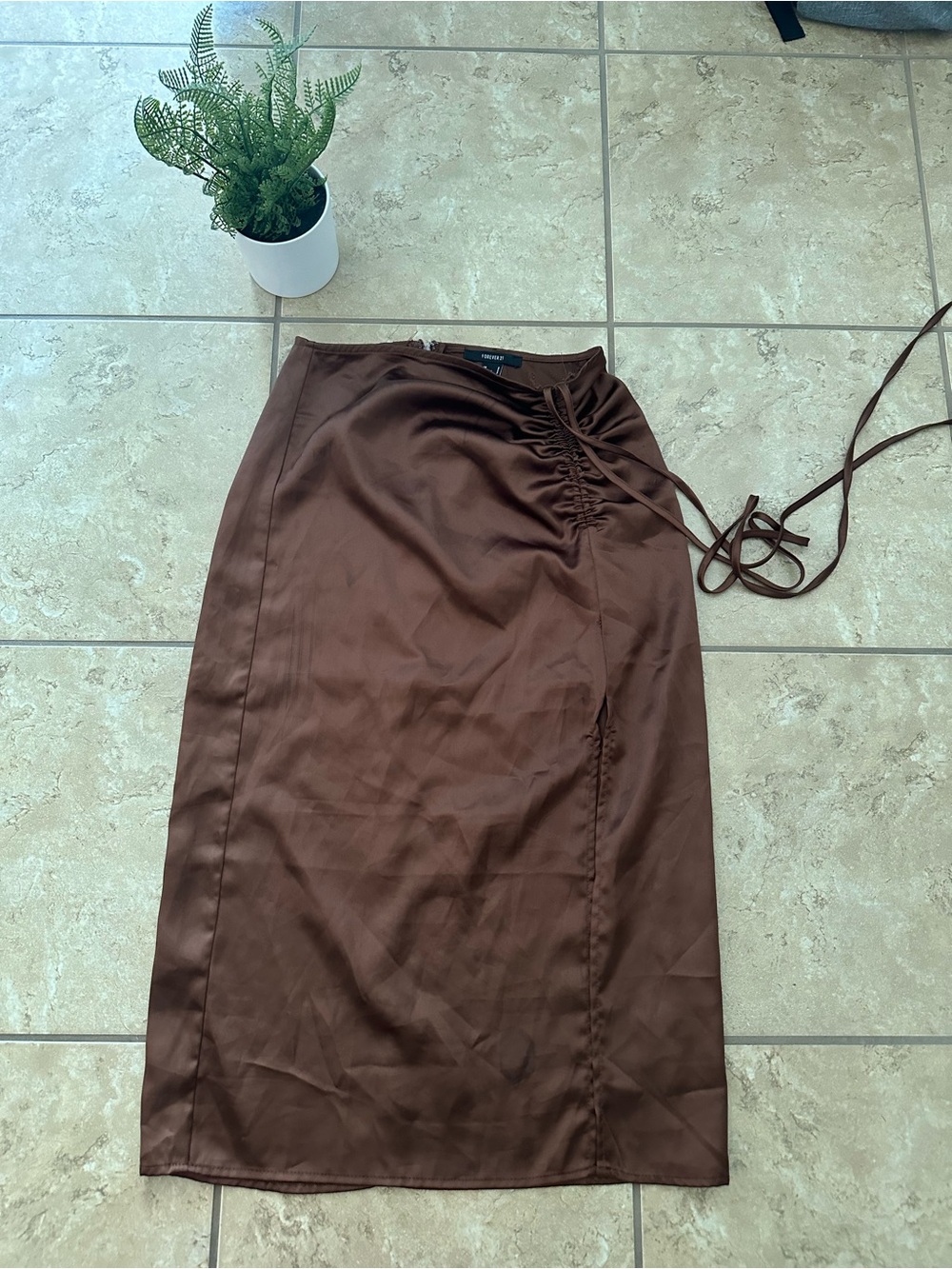 BROWN SATIN MIDI SKIRT